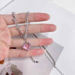 BLING STONE Cute Crystal Pink Heart Diamond Necklaces Silver Pendant Chain For Women And Girls